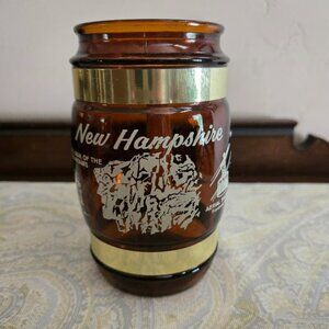 Vintage Siesta Ware amber glass New Hampshire souvenir barrel mug